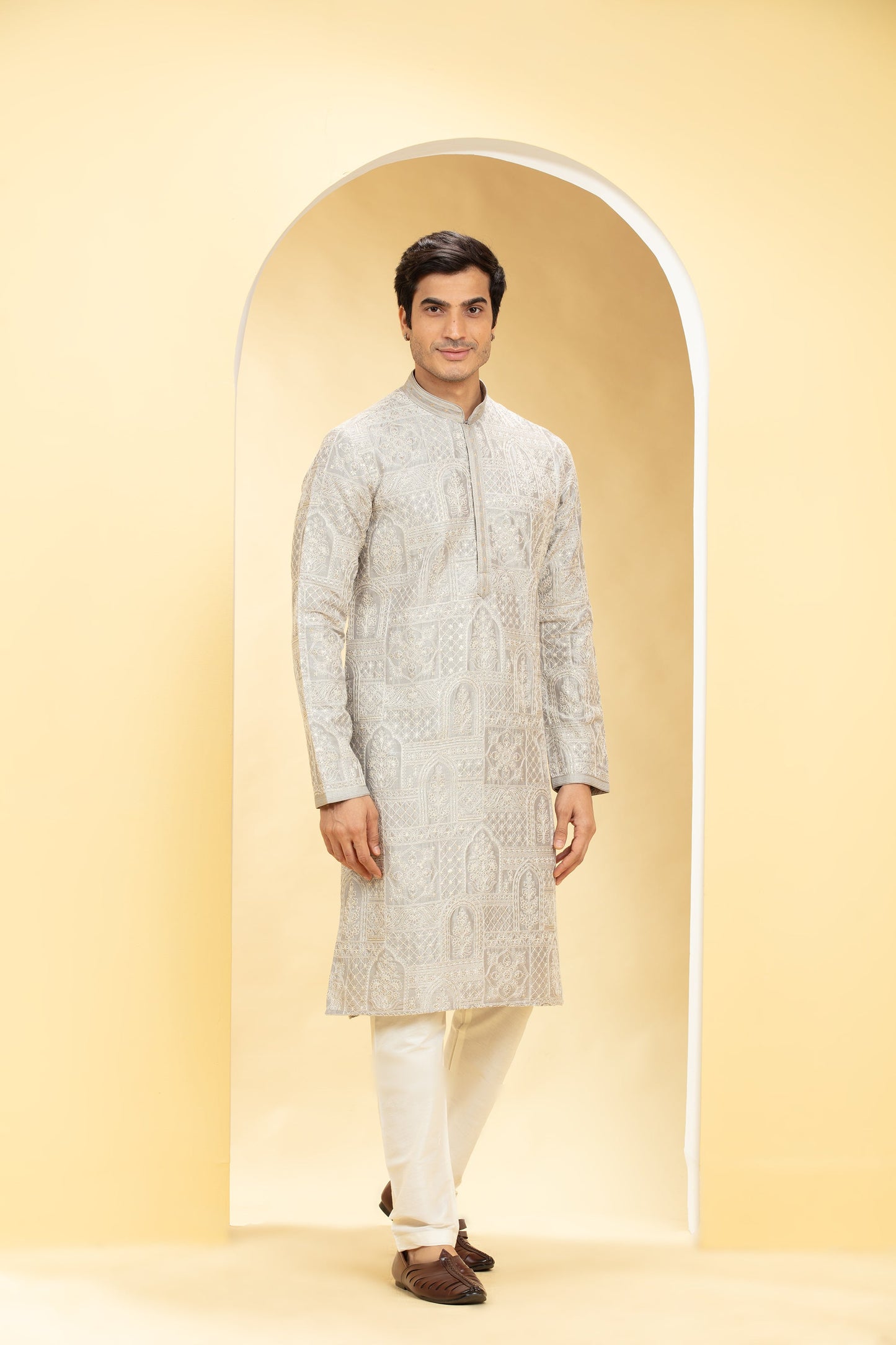 Wheatish Silver kurta pajama set with self thread work