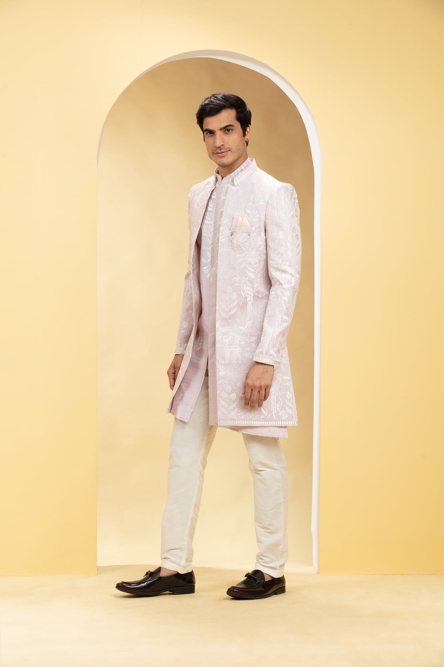 Light Mauve Indo Western Jacket Set with all over Resham work