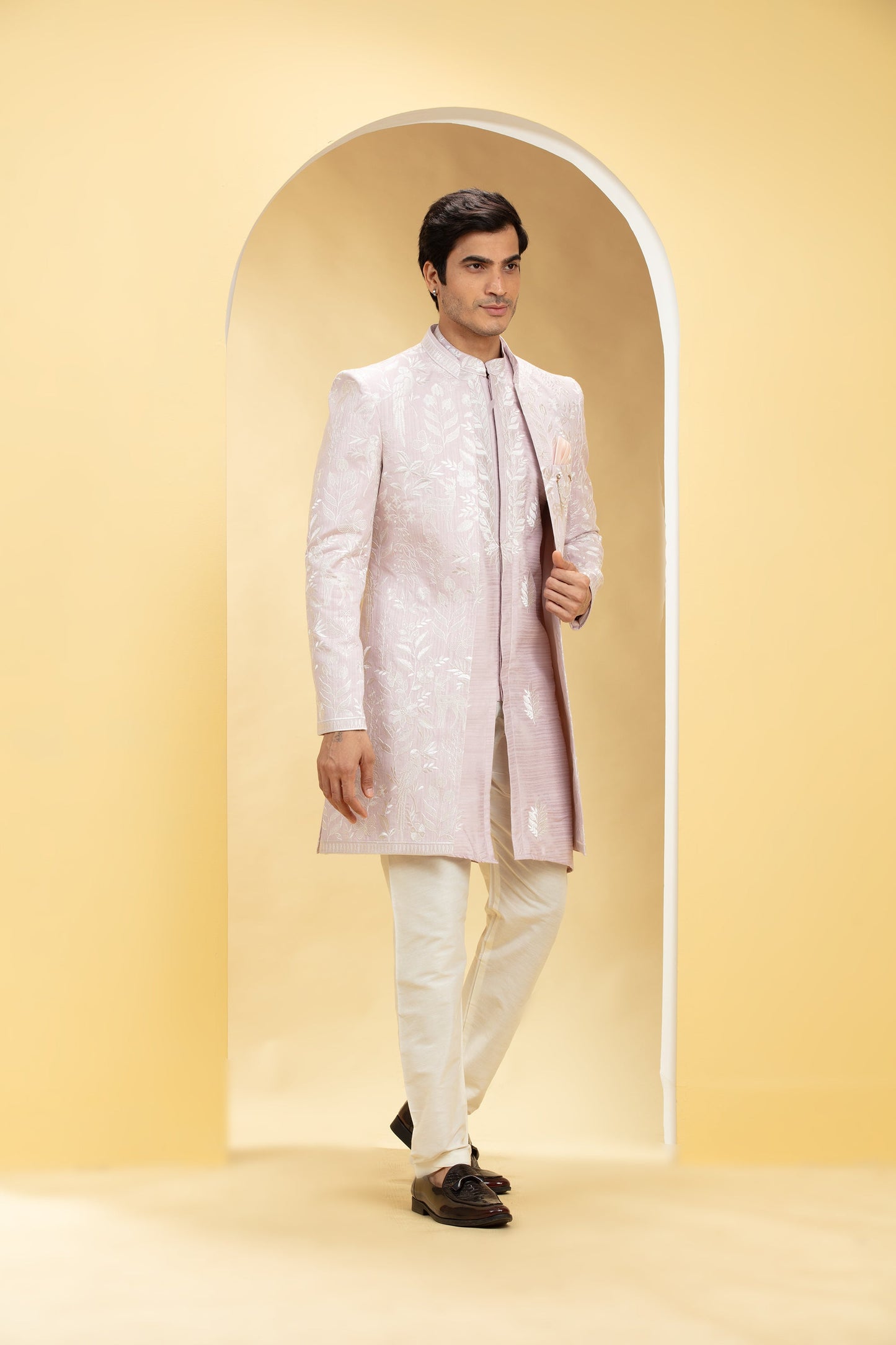 Light Mauve Indo Western Jacket Set with all over Resham work