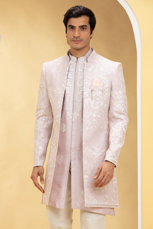 Light Mauve Indo Western Jacket Set with all over Resham work