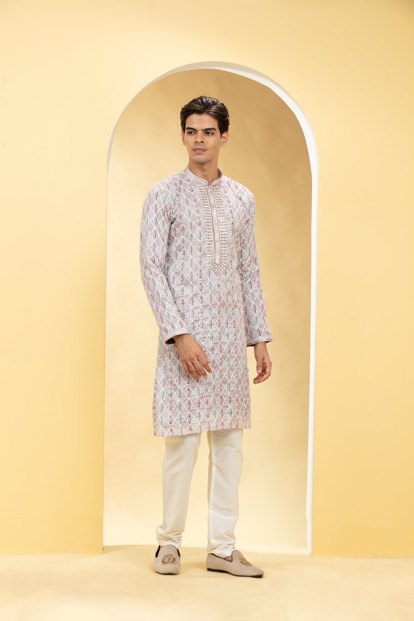 Multicoloured Lucknowi kurta pajama Set with Resham and Thread work