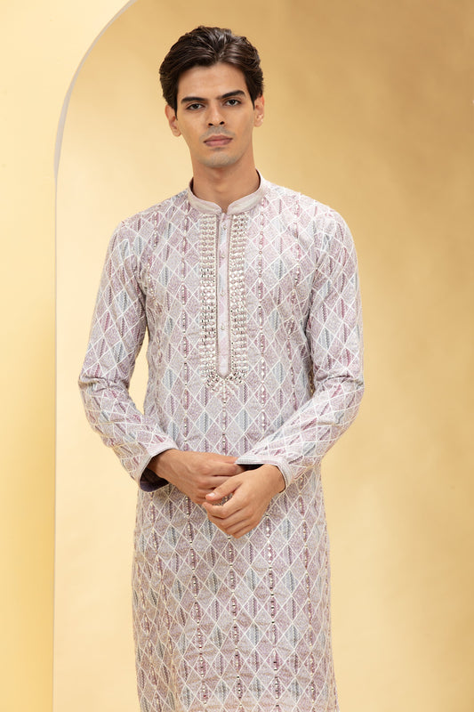 Multicoloured Lucknowi kurta pajama Set with Resham and Thread work
