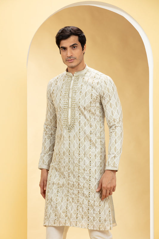Multicoloured Lucknowi kurta pajama Set with Resham and Thread work