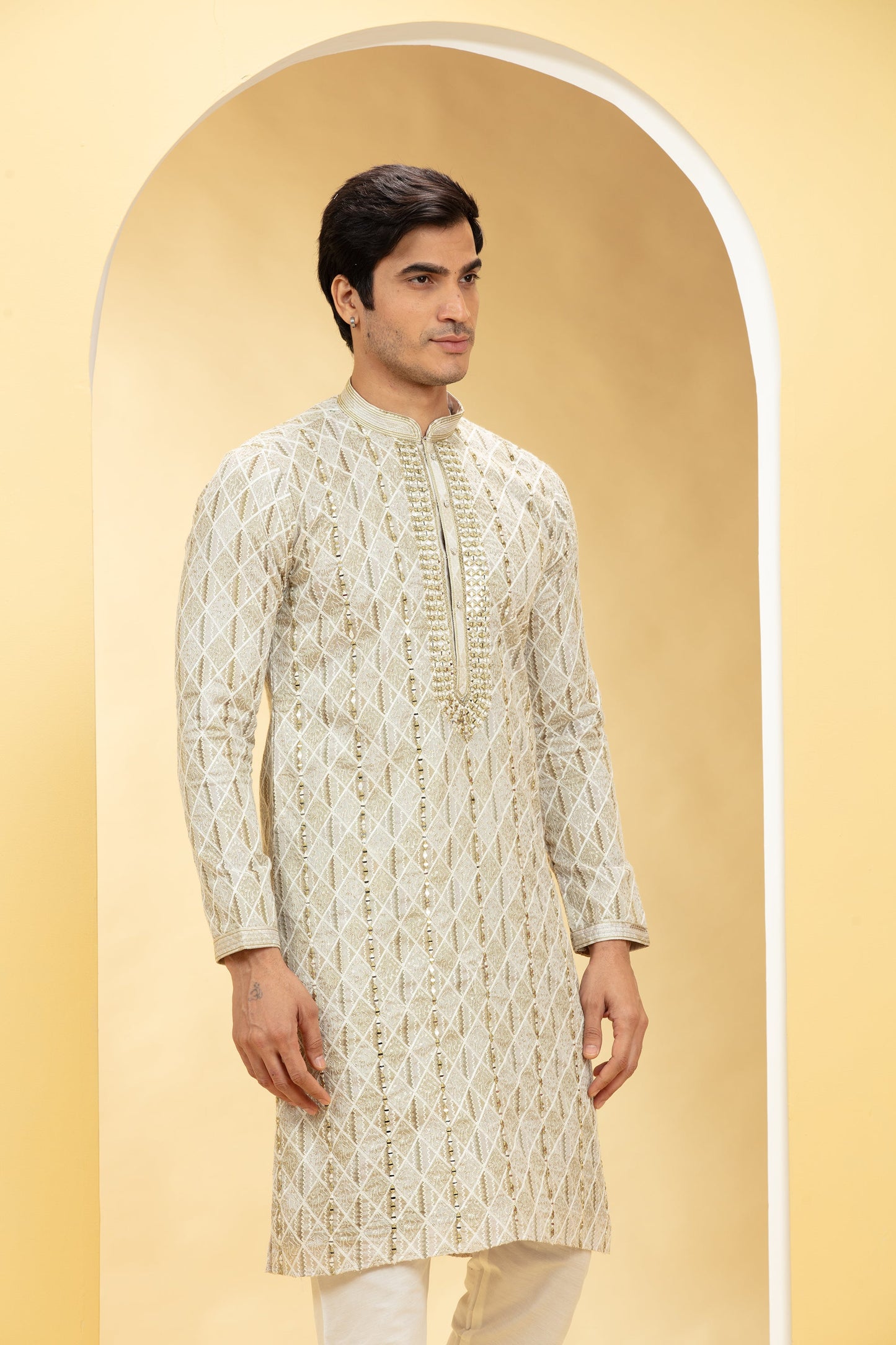 Multicoloured Lucknowi kurta pajama Set with Resham and Thread work