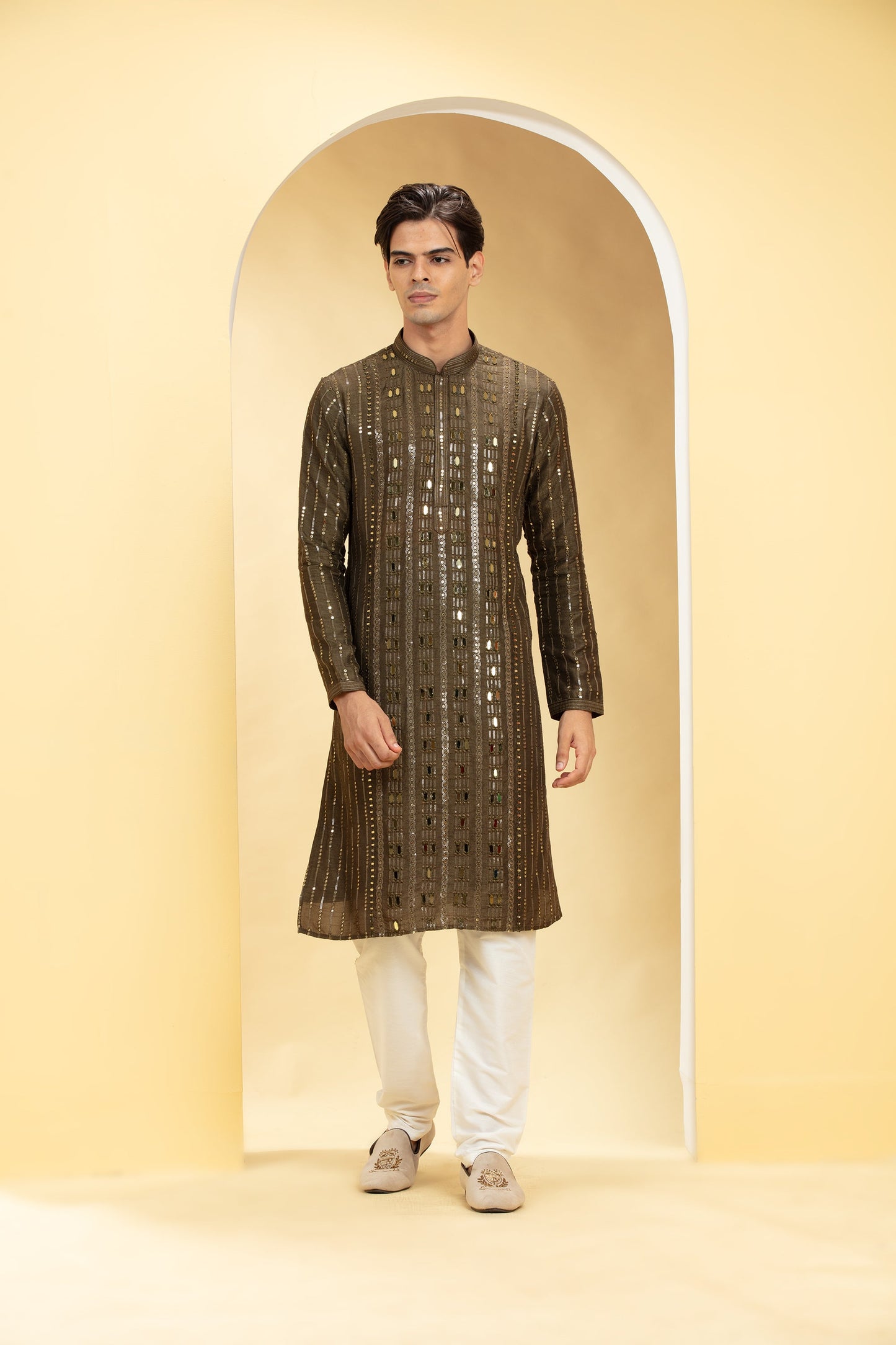 Mehendi Green Lucknowi kurta pajama Set with Sequins and Thread work