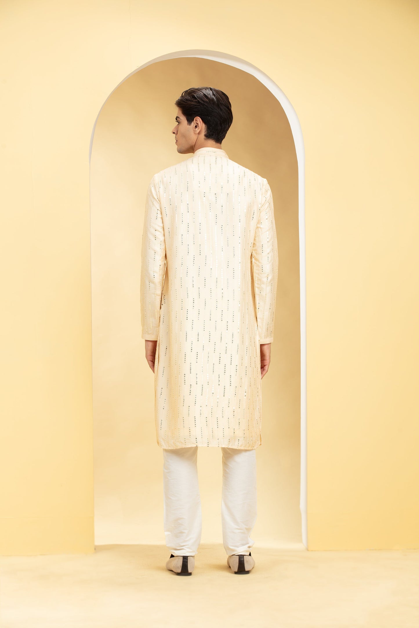 Champagne yellow Lucknowi kurta pajama Set with Mirror and Thread work
