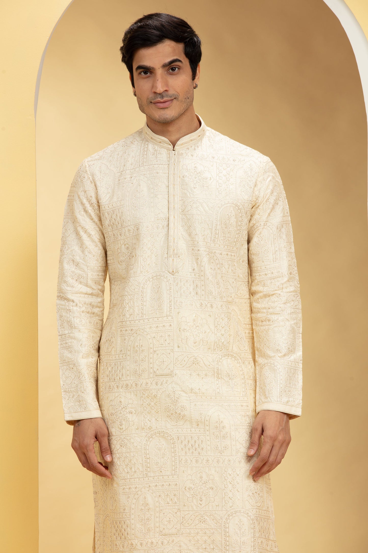 Cream White Silk kurta pajama set with self thread work