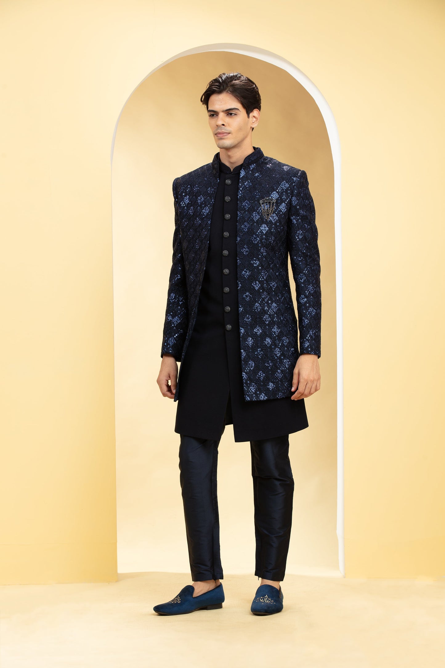 Deep Blue Open Indo Western jacket set with metal buttons