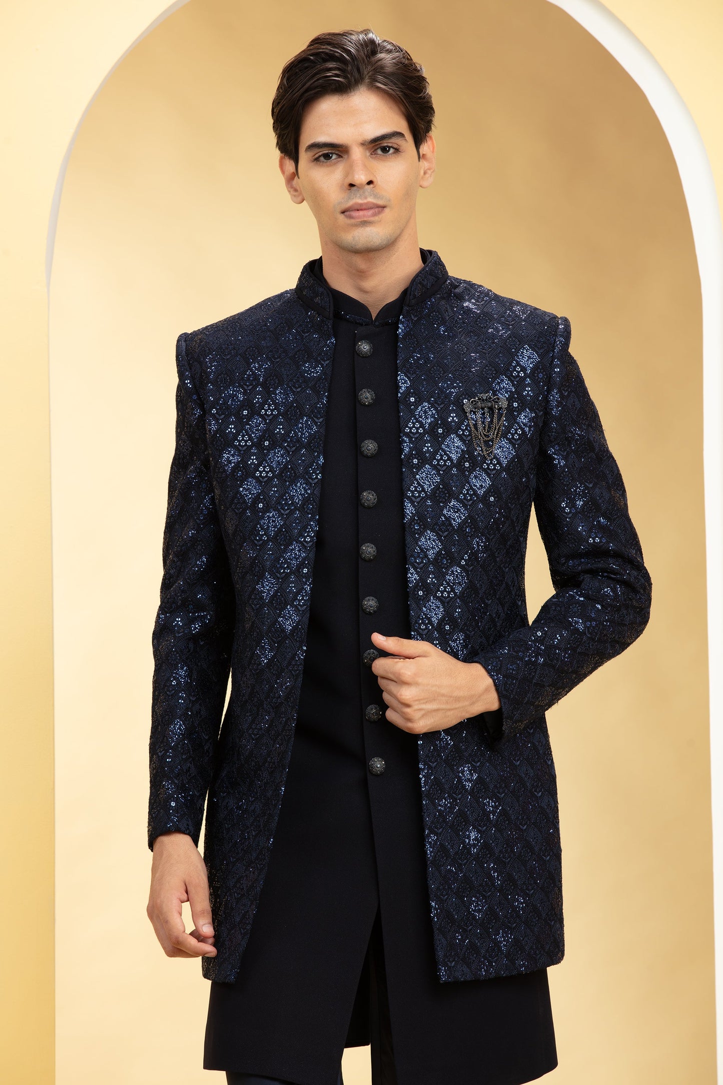 Deep Blue Open Indo Western jacket set with metal buttons