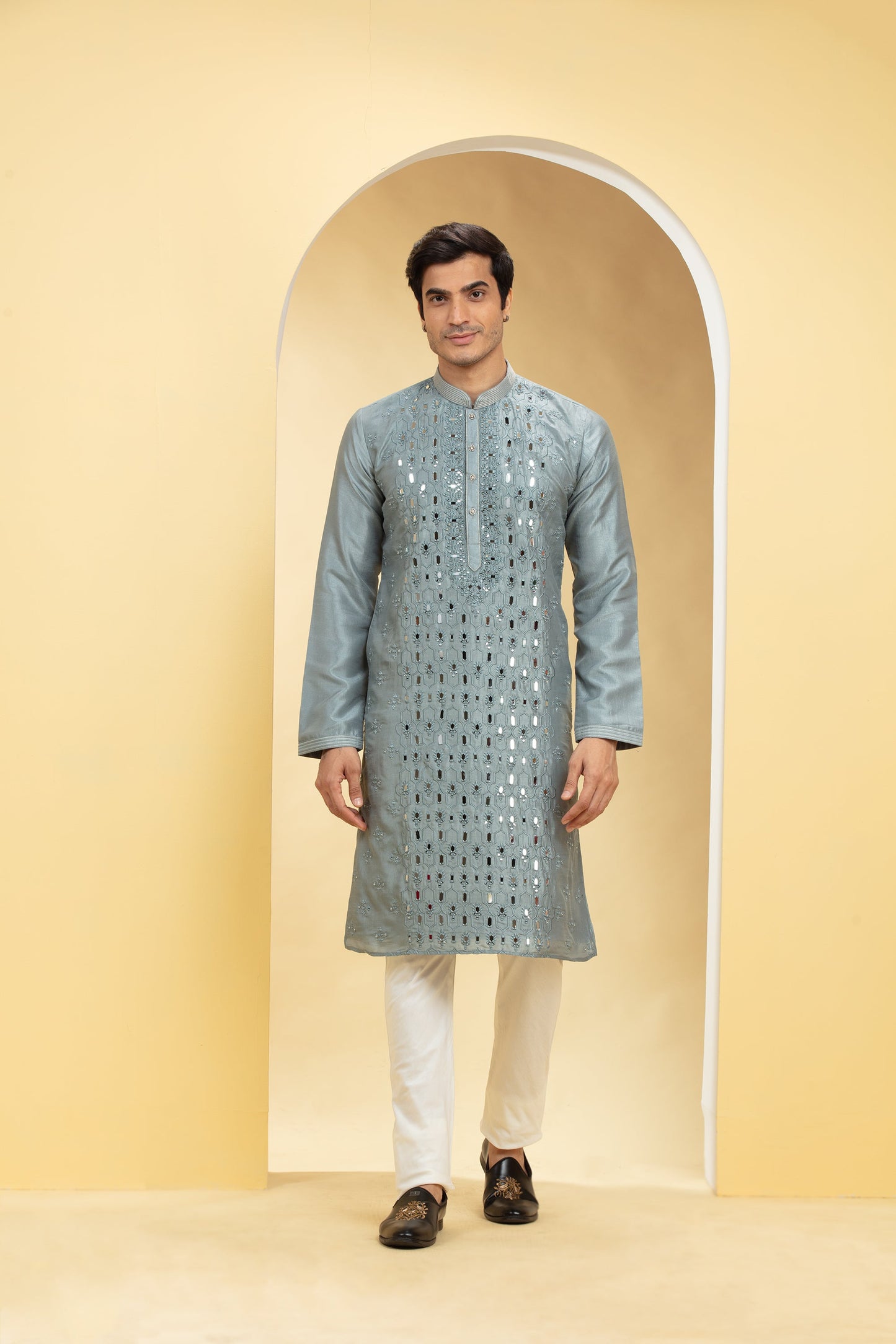 Slate Grey Lucknowi kurta pajama Set with Mirror and Thread work