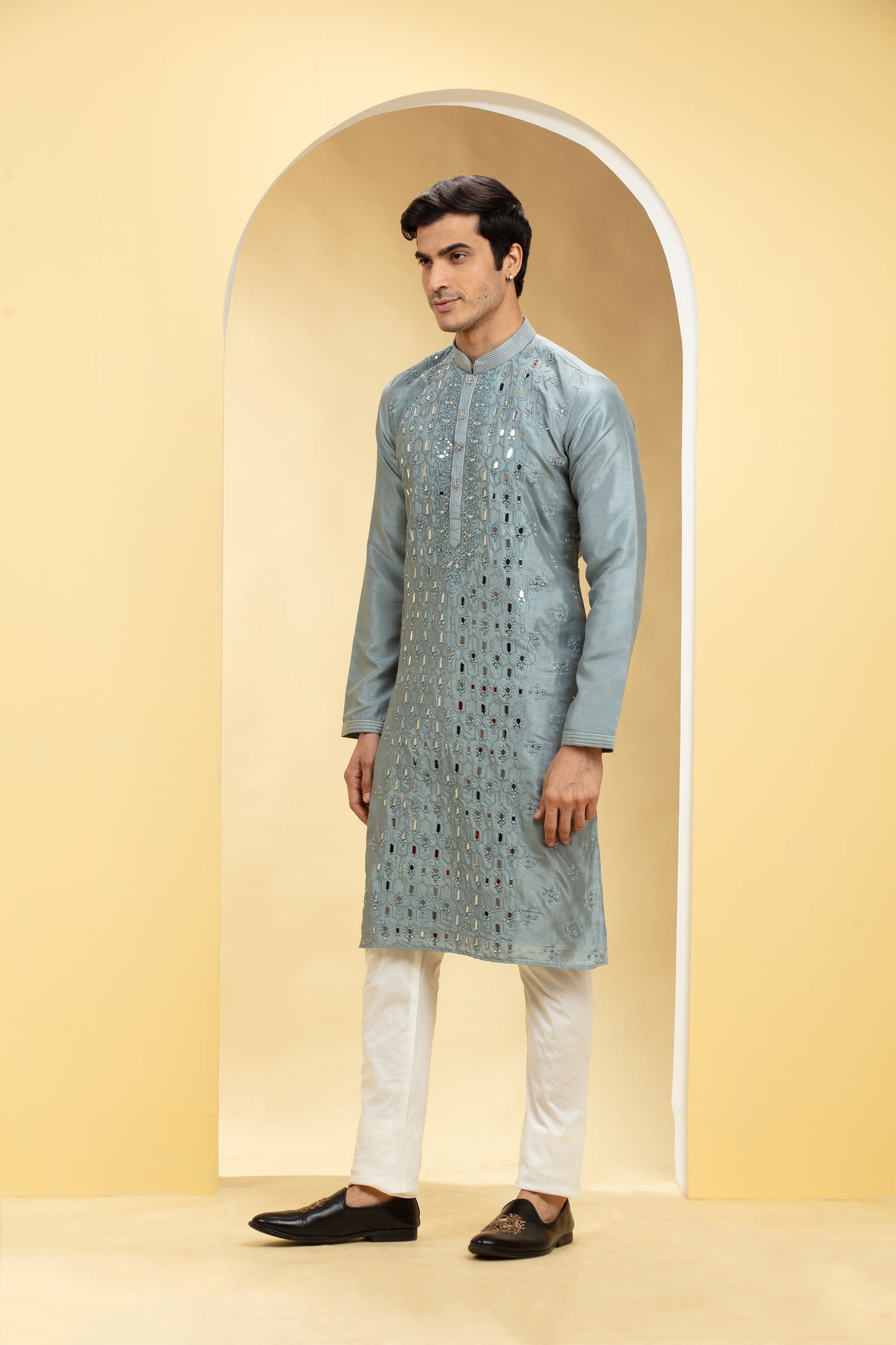 Slate Grey Lucknowi kurta pajama Set with Mirror and Thread work