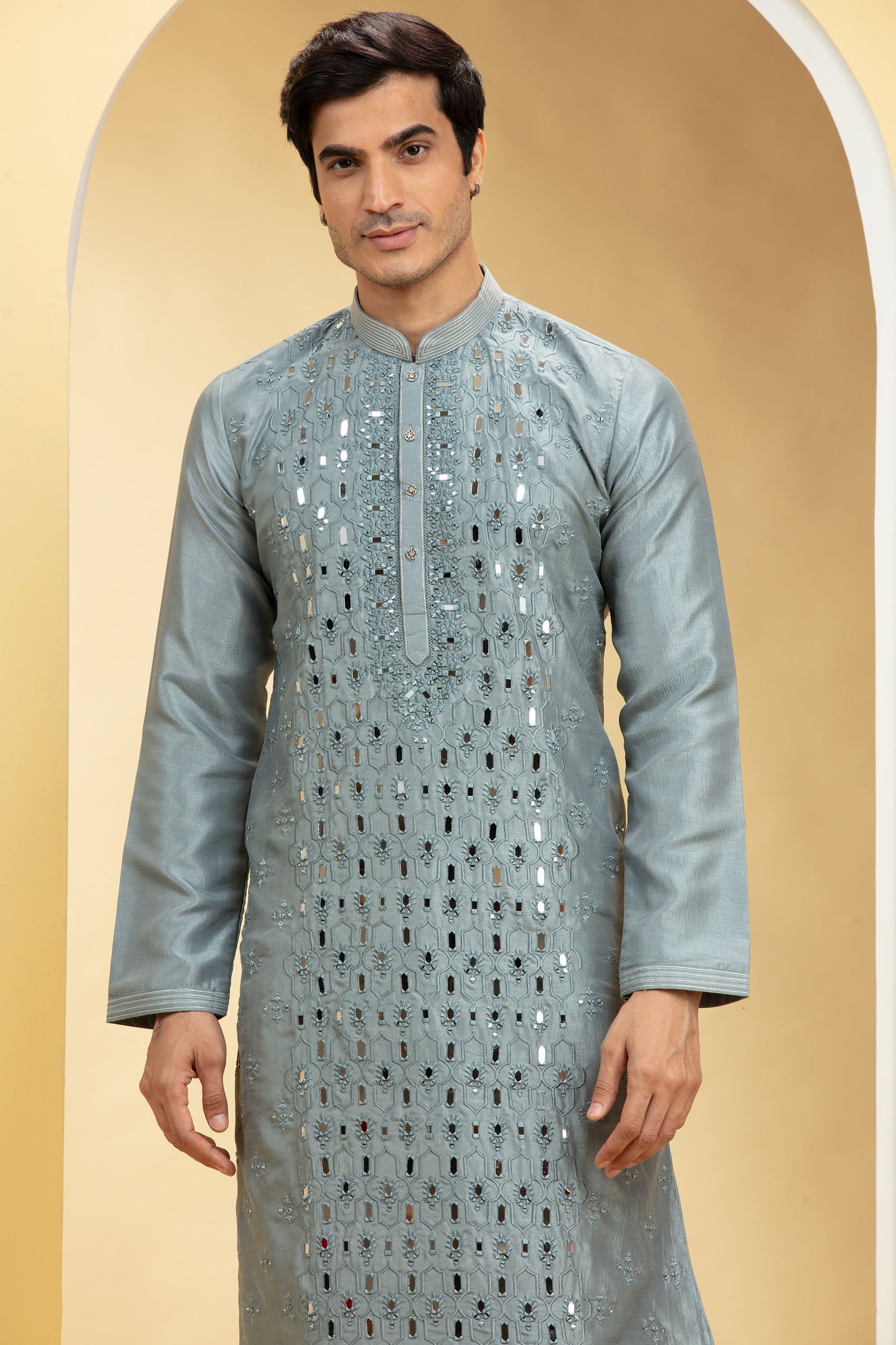 Slate Grey Lucknowi kurta pajama Set with Mirror and Thread work
