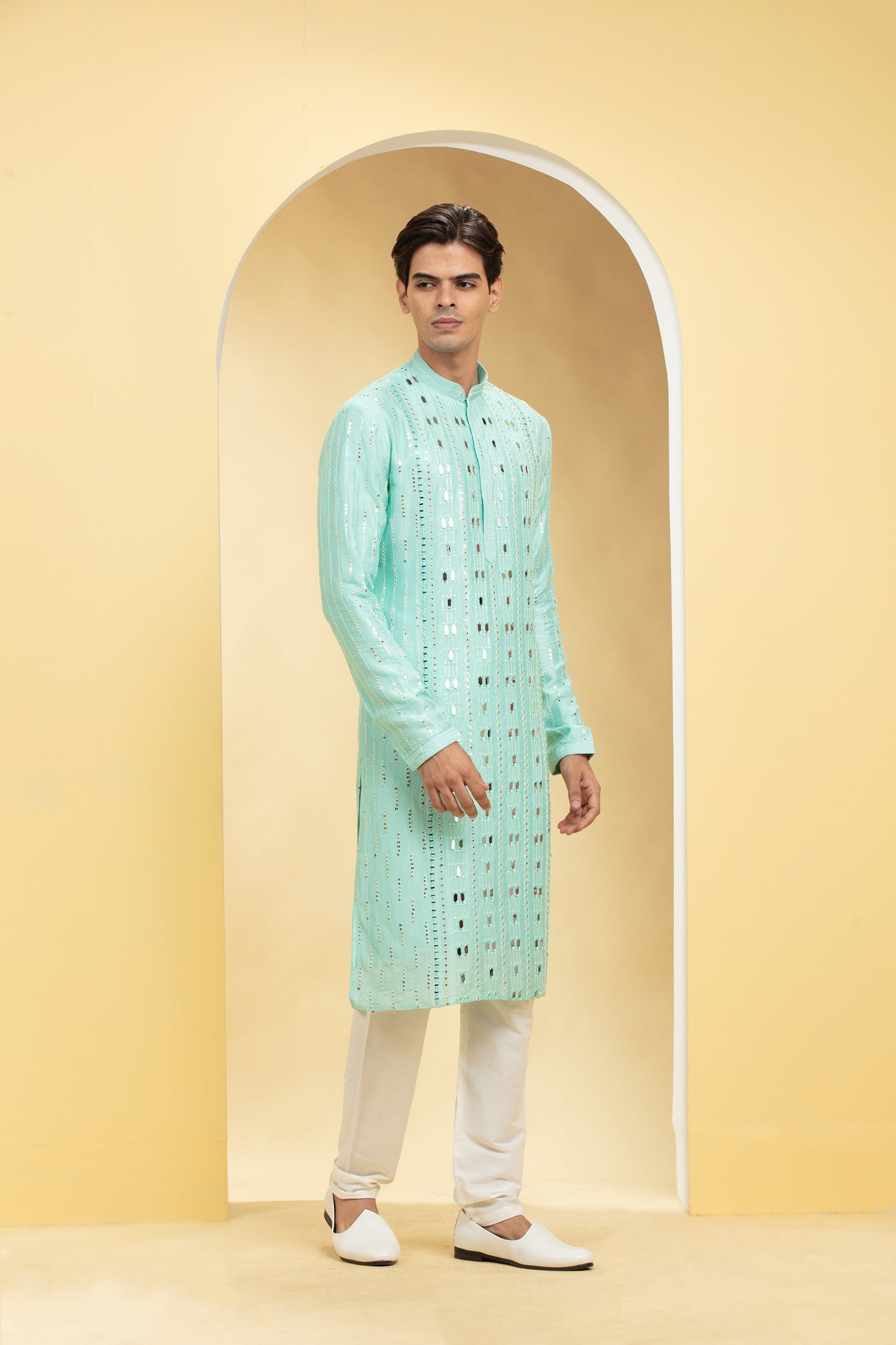Light turquoise Lucknowi kurta pajama Set with Mirror and Thread work