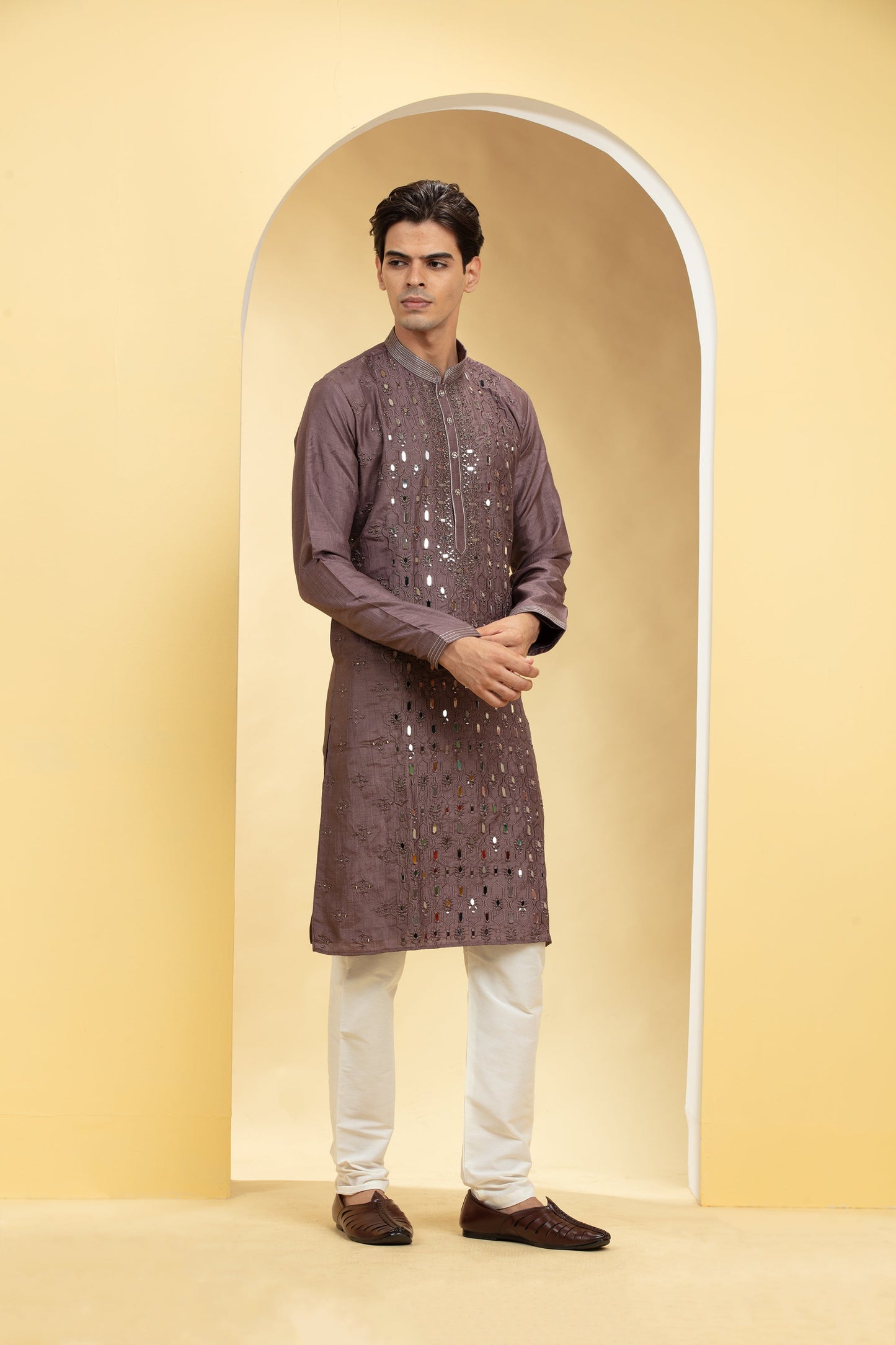 Umber brown Lucknowi kurta pajama Set with Mirror and Thread work