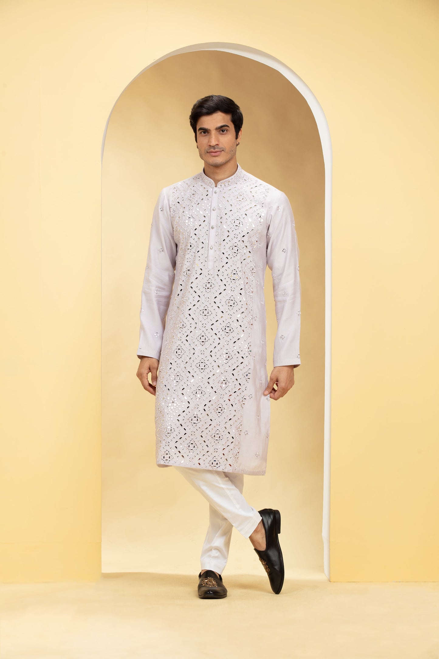 Platinum white  Lucknowi kurta pajama Set with Mirror and Thread work