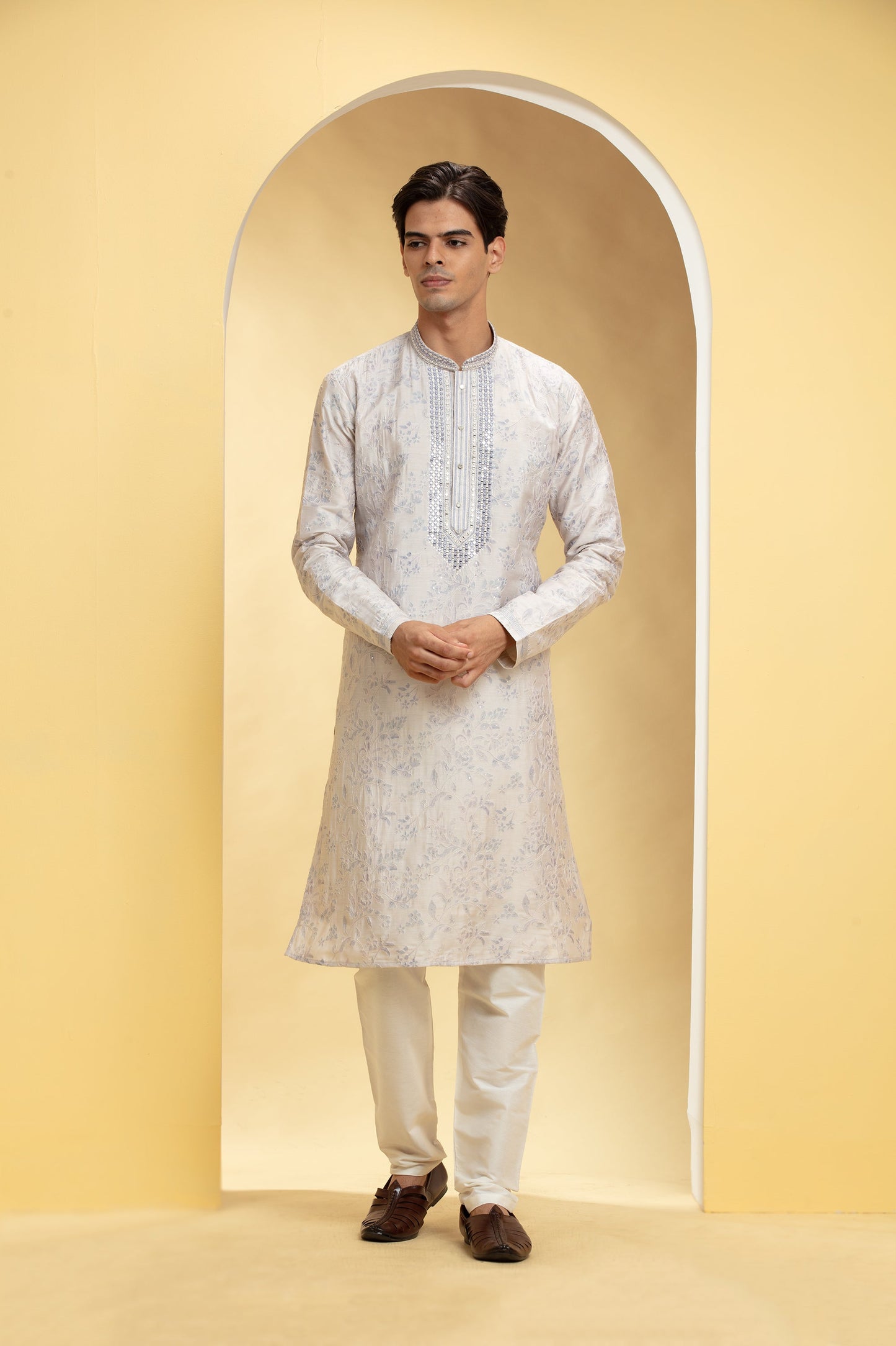 Dove white  Lucknowi kurta pajama Set with Mirror and Thread work