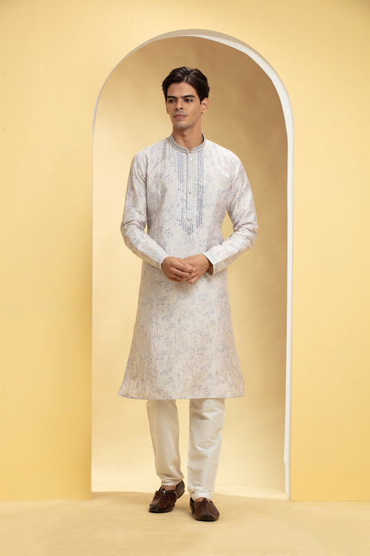 Dove white  Lucknowi kurta pajama Set with Mirror and Thread work
