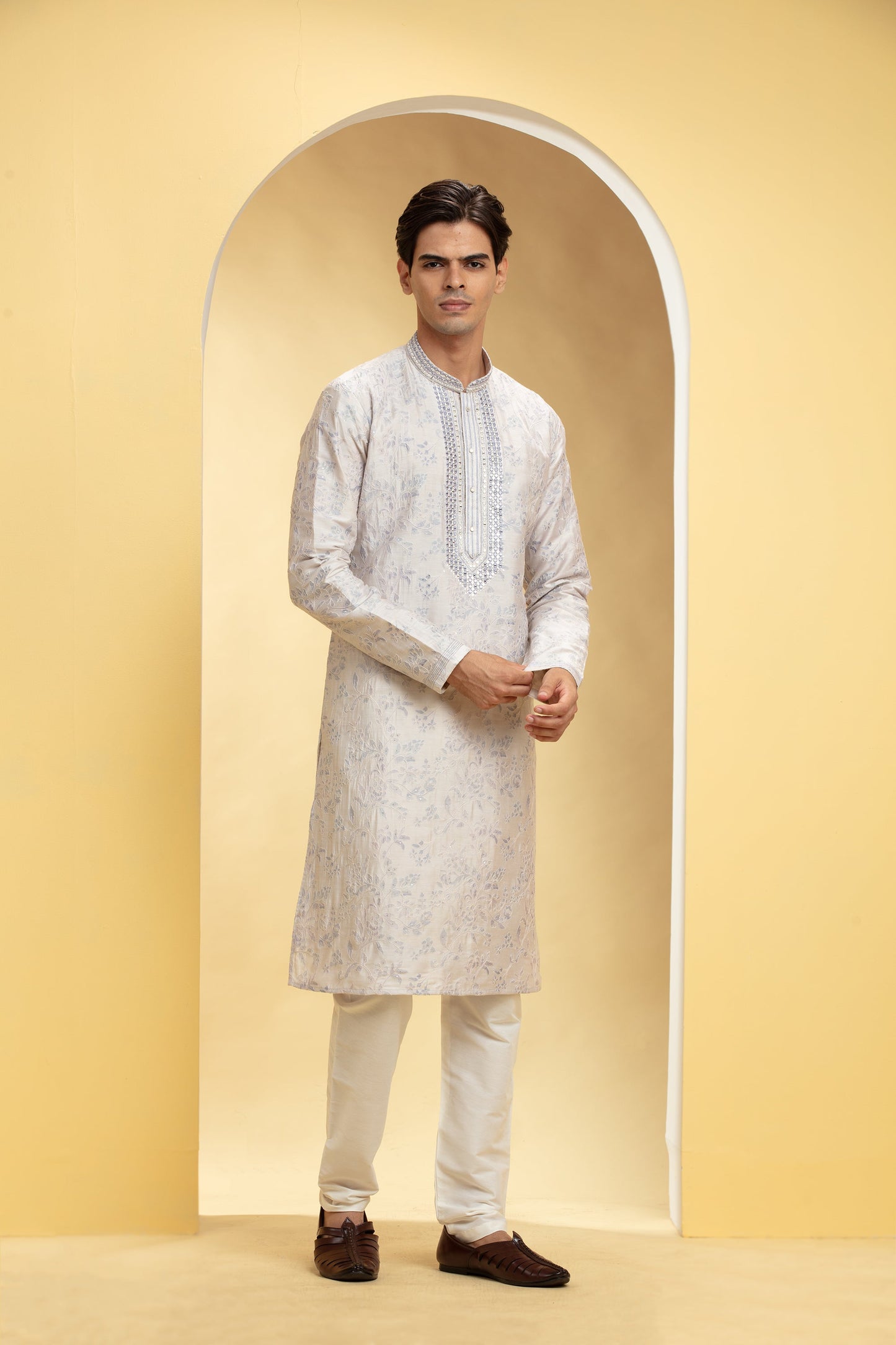 Dove white  Lucknowi kurta pajama Set with Mirror and Thread work
