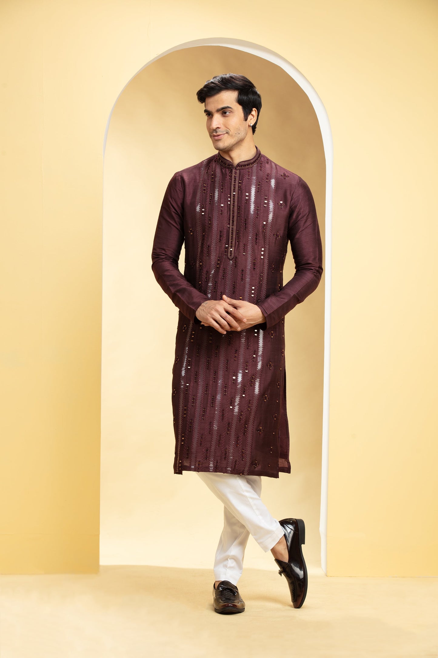 Burgundy Lucknowi kurta pajama Set with Mirror and sequin work