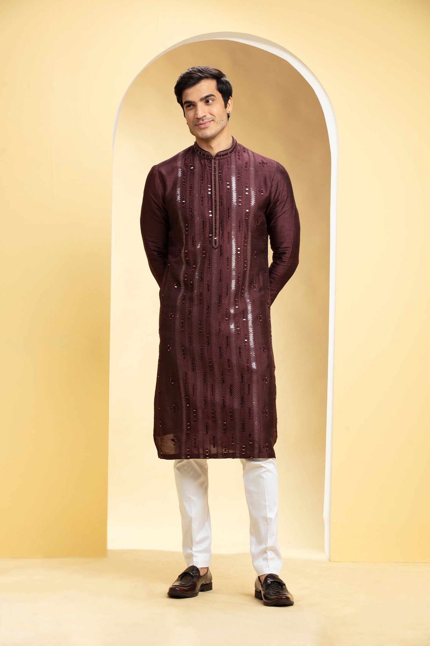 Burgundy Lucknowi kurta pajama Set with Mirror and sequin work