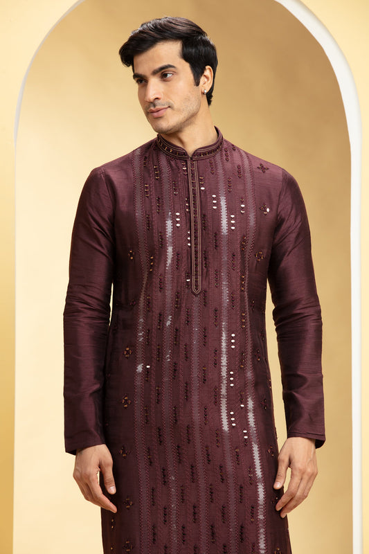Burgundy Lucknowi kurta pajama Set with Mirror and sequin work