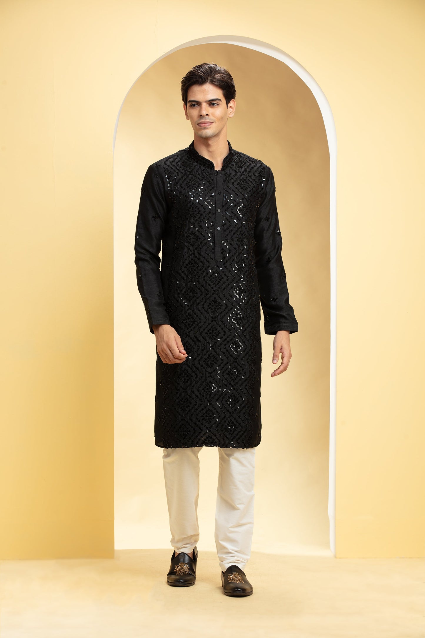 Coal Black Lucknowi kurta pajama Set with Mirror and sequin work