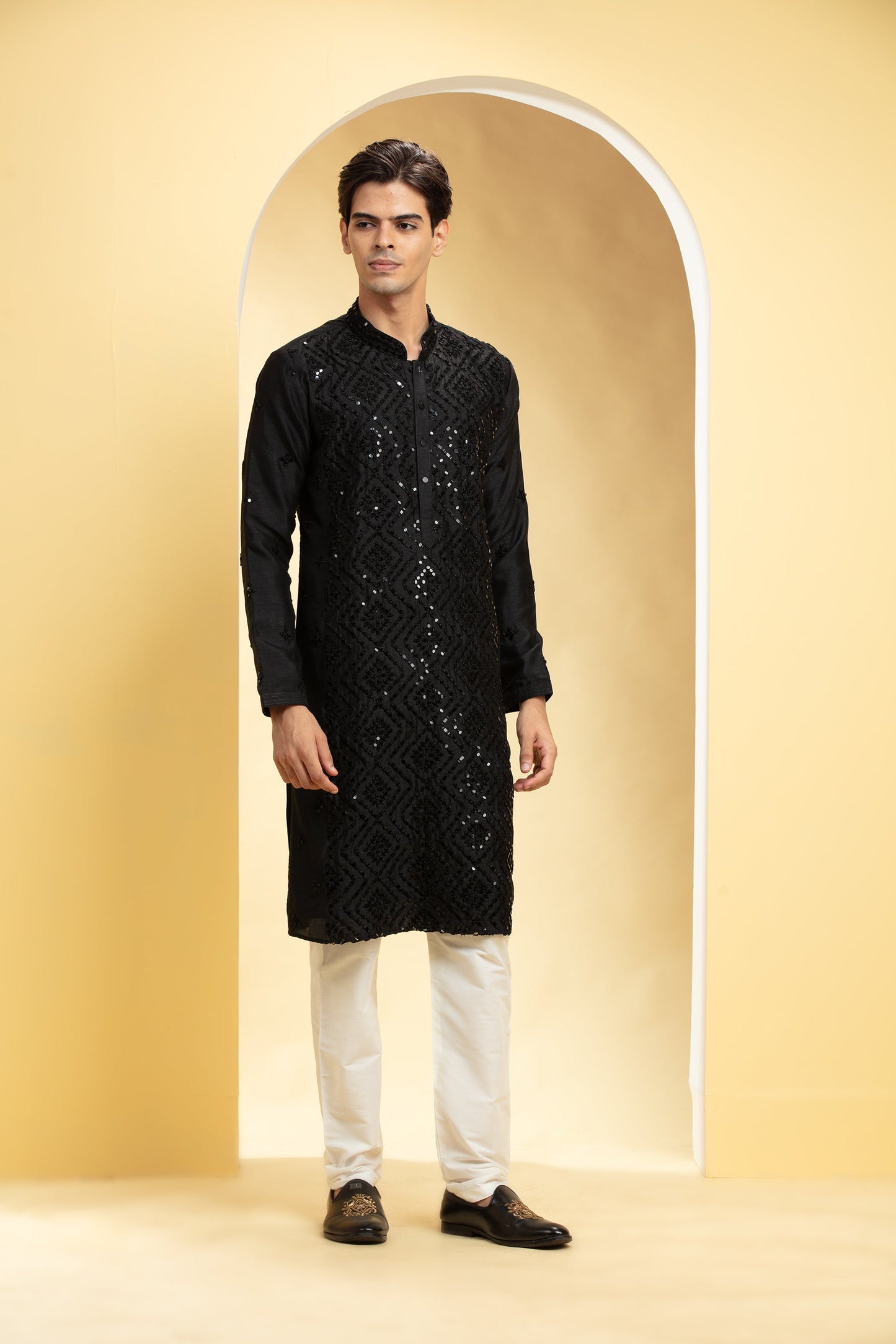 Coal Black Lucknowi kurta pajama Set with Mirror and sequin work