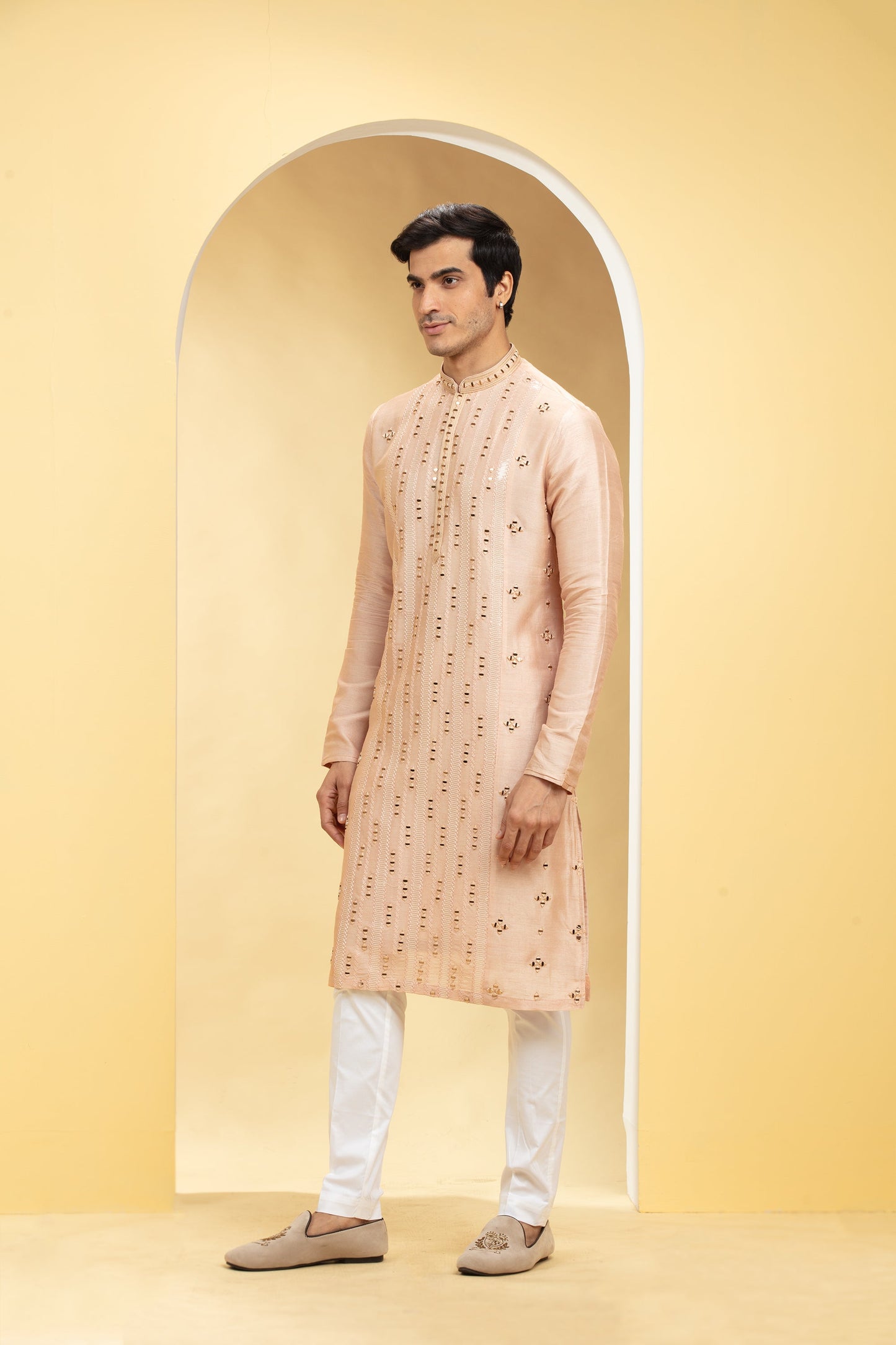 Coral Peach Lucknowi kurta pajama Set with Mirror and Thread work