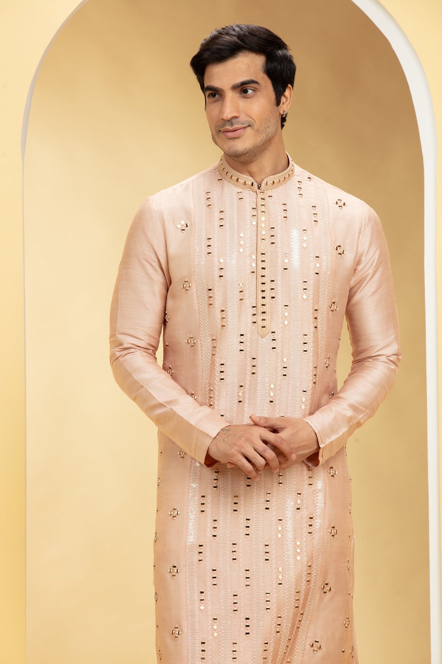Coral Peach Lucknowi kurta pajama Set with Mirror and Thread work