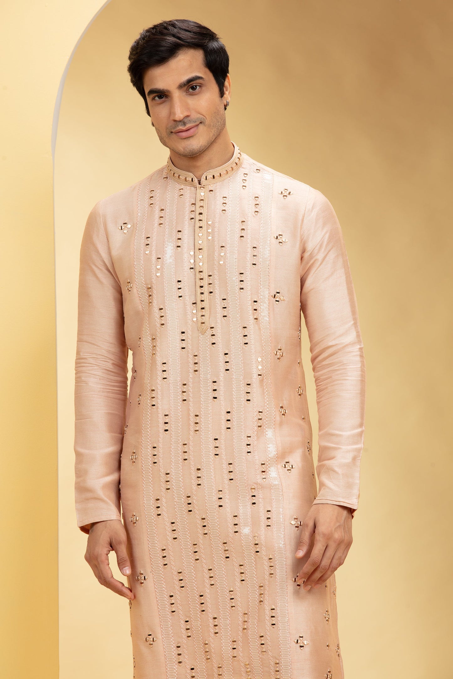 Coral Peach Lucknowi kurta pajama Set with Mirror and Thread work