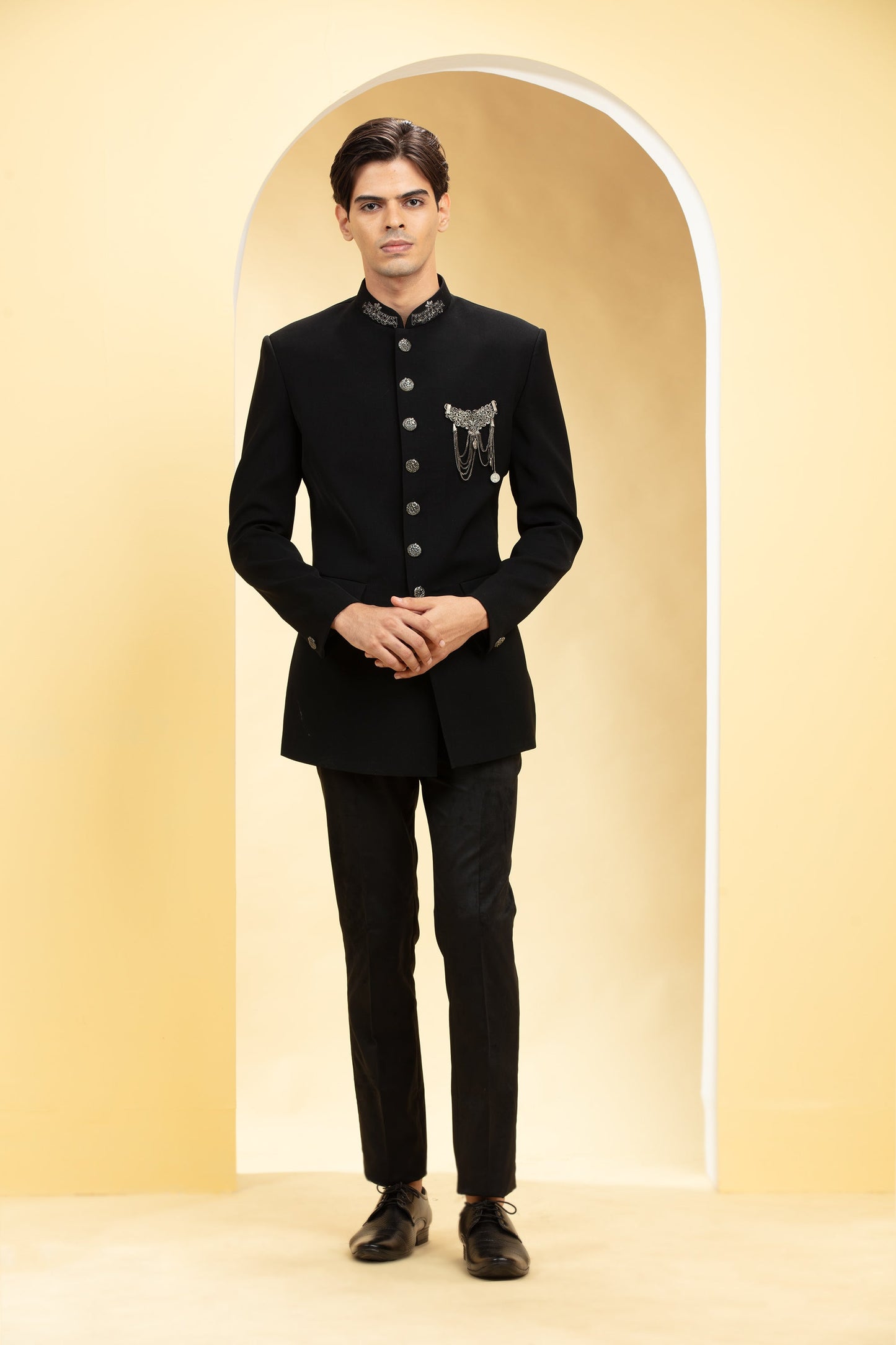 Jet Black Suede Tuxedo Set with Self cutdana work and brooch