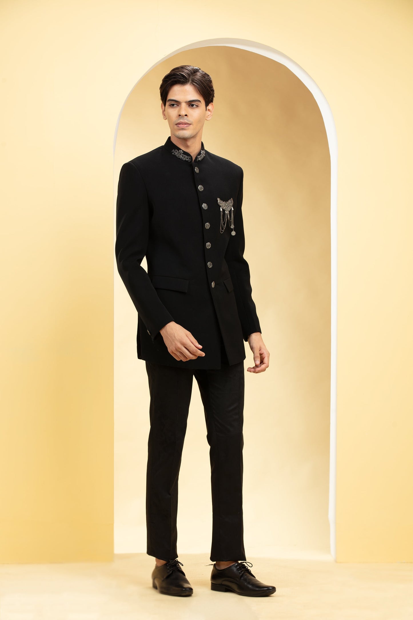 Jet Black Suede Tuxedo Set with Self cutdana work and brooch