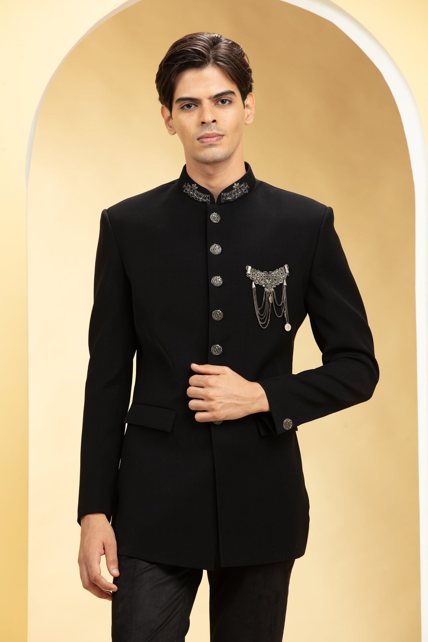 Jet Black Suede Tuxedo Set with Self cutdana work and brooch