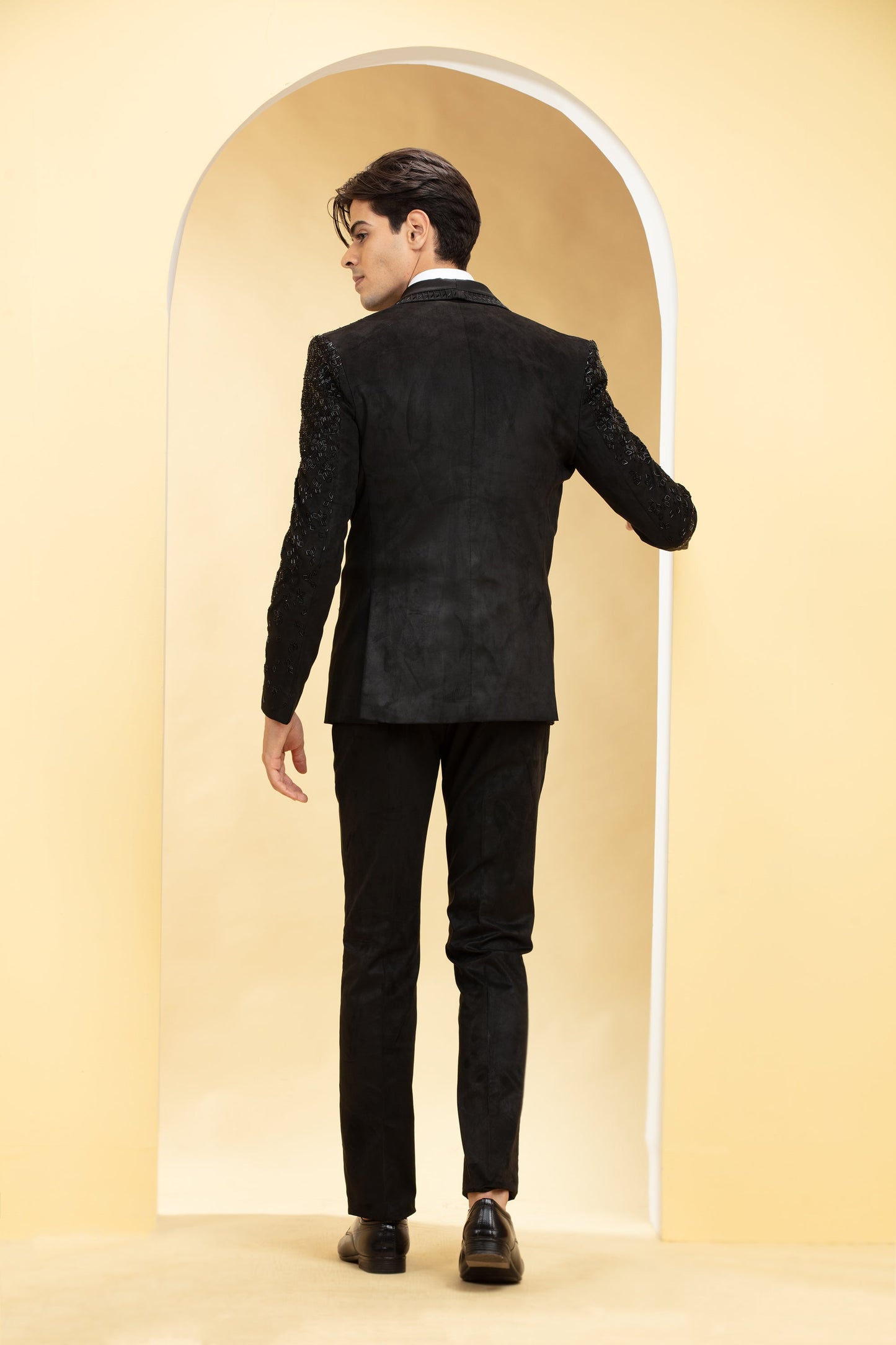 Coal Black Suede Tuxedo Set and Bow tie with Self cutdana work