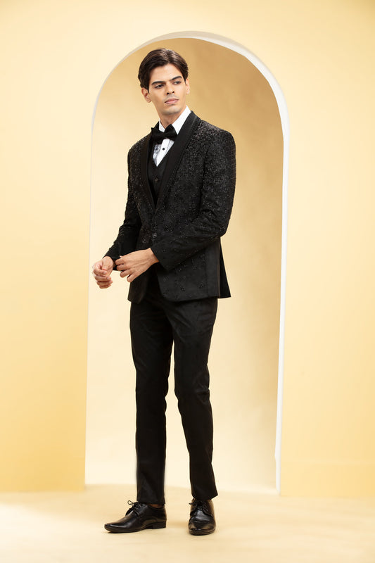 Coal Black Suede Tuxedo Set and Bow tie with Self cutdana work