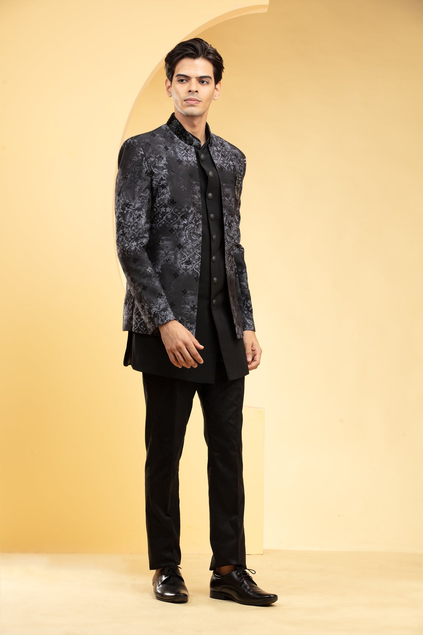 Coal Black Open Jodhpuri set on Jacquart fabric with metal buttons