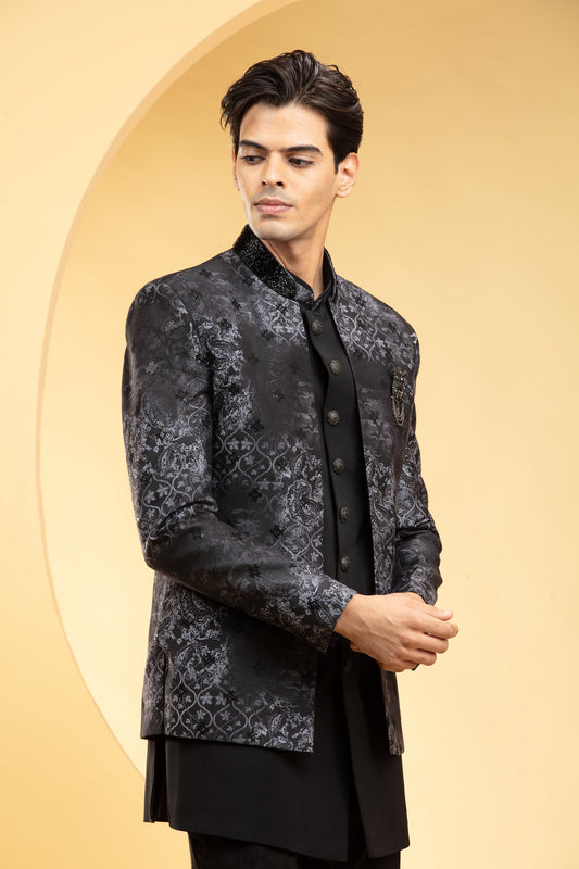 Coal Black Open Jodhpuri set on Jacquart fabric with metal buttons