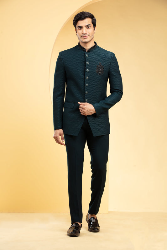 Deep Green Jodhpuri Set with front pockets and Self handwork