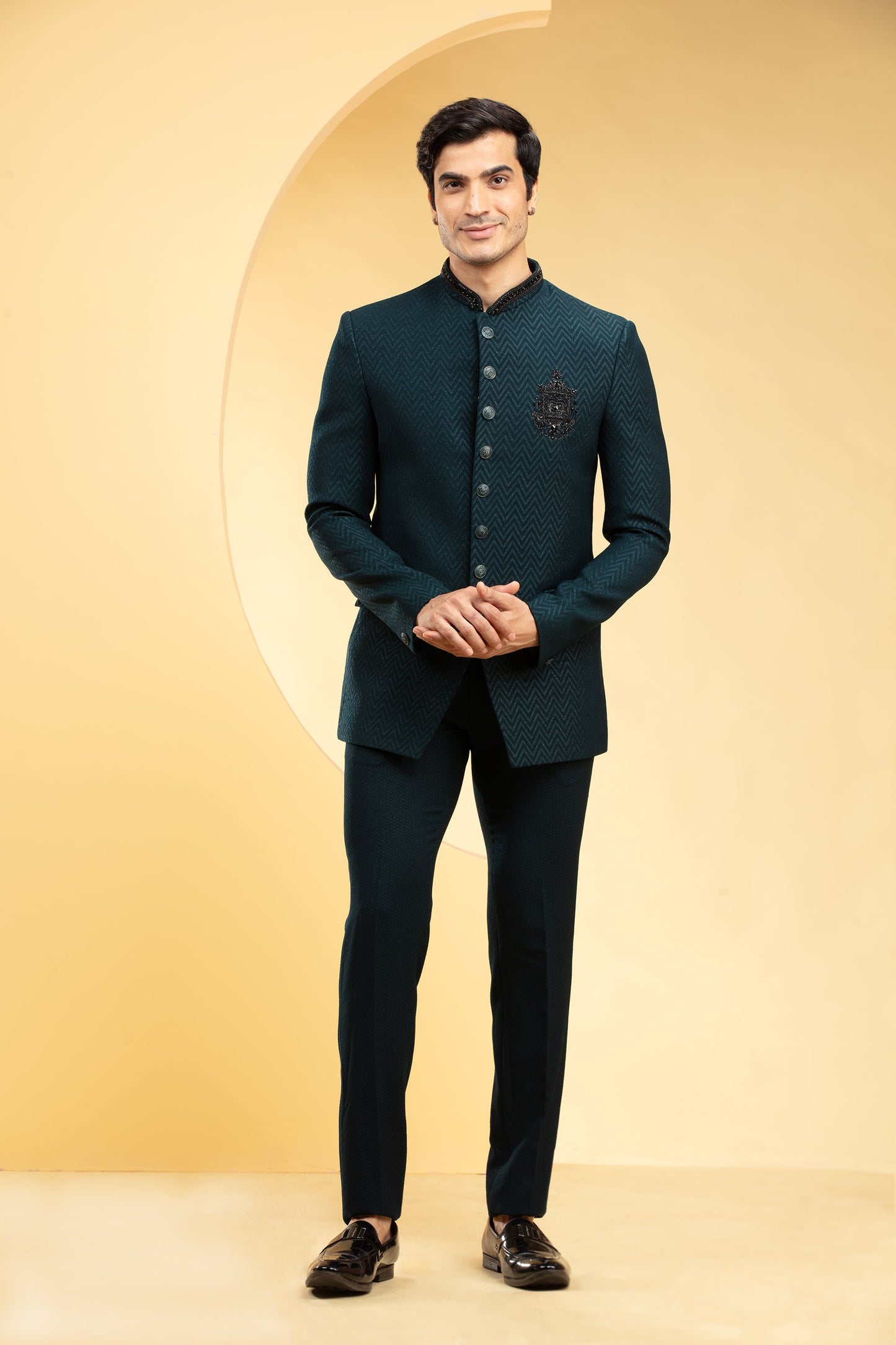 Deep Green Jodhpuri Set with front pockets and Self handwork