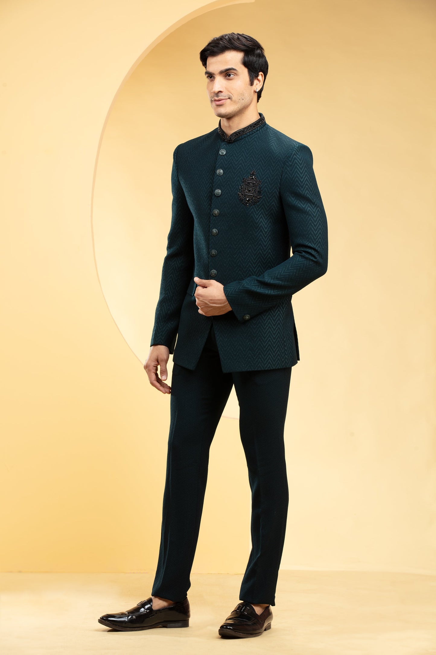 Deep Green Jodhpuri Set with front pockets and Self handwork