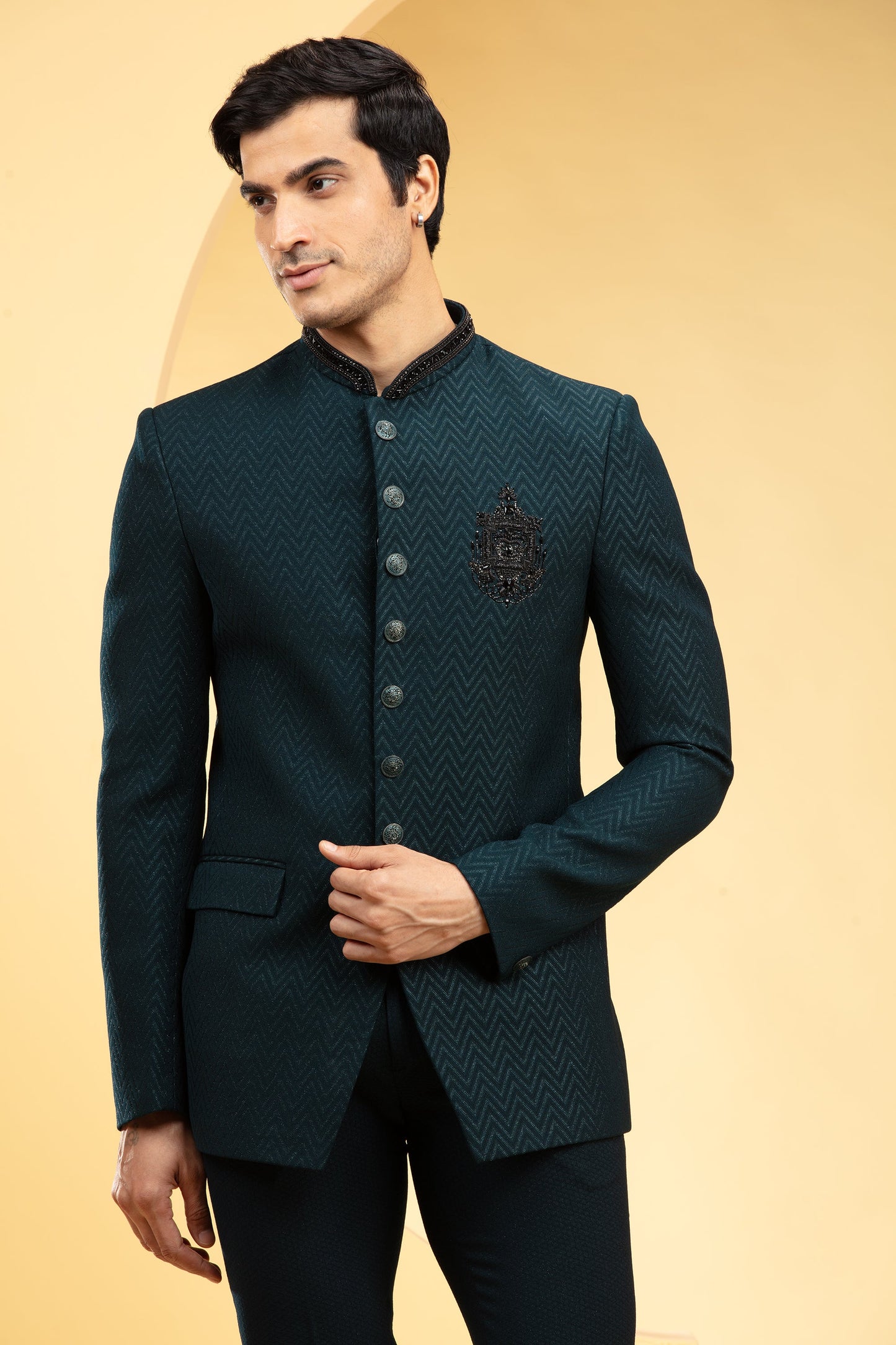 Deep Green Jodhpuri Set with front pockets and Self handwork