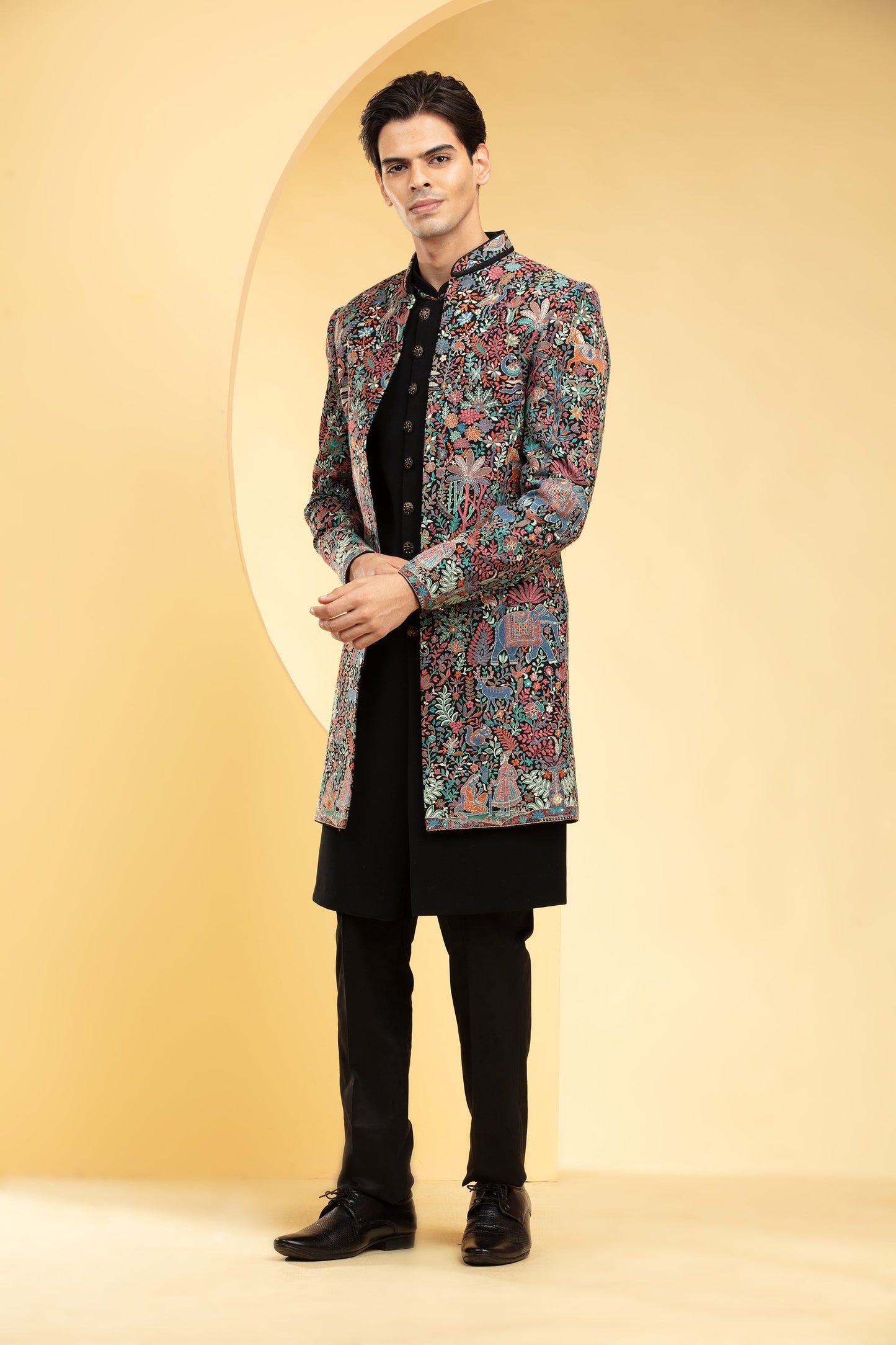 Multicolour Open Indo Western Set with multicolour hand work and metal buttons