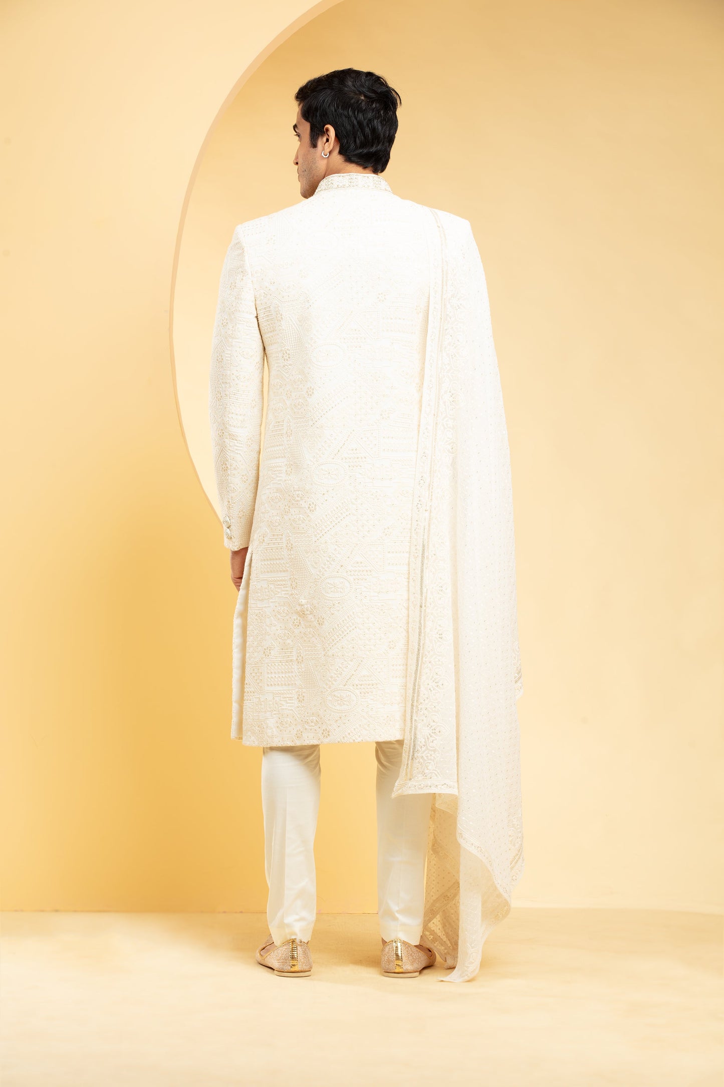 Antique White sherwani set with embellishments