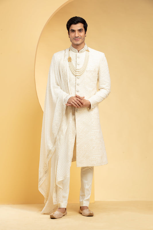 Antique White sherwani set with embellishments