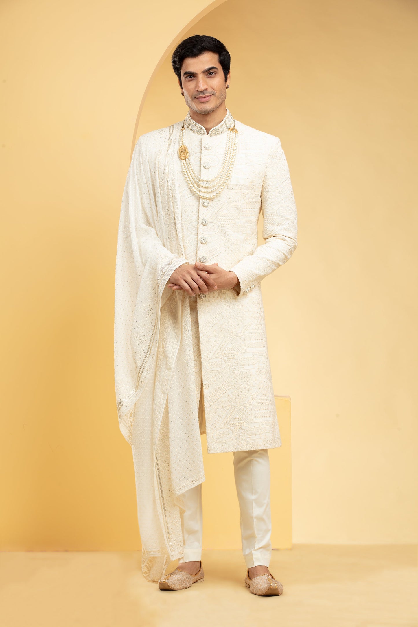 Antique White sherwani set with embellishments