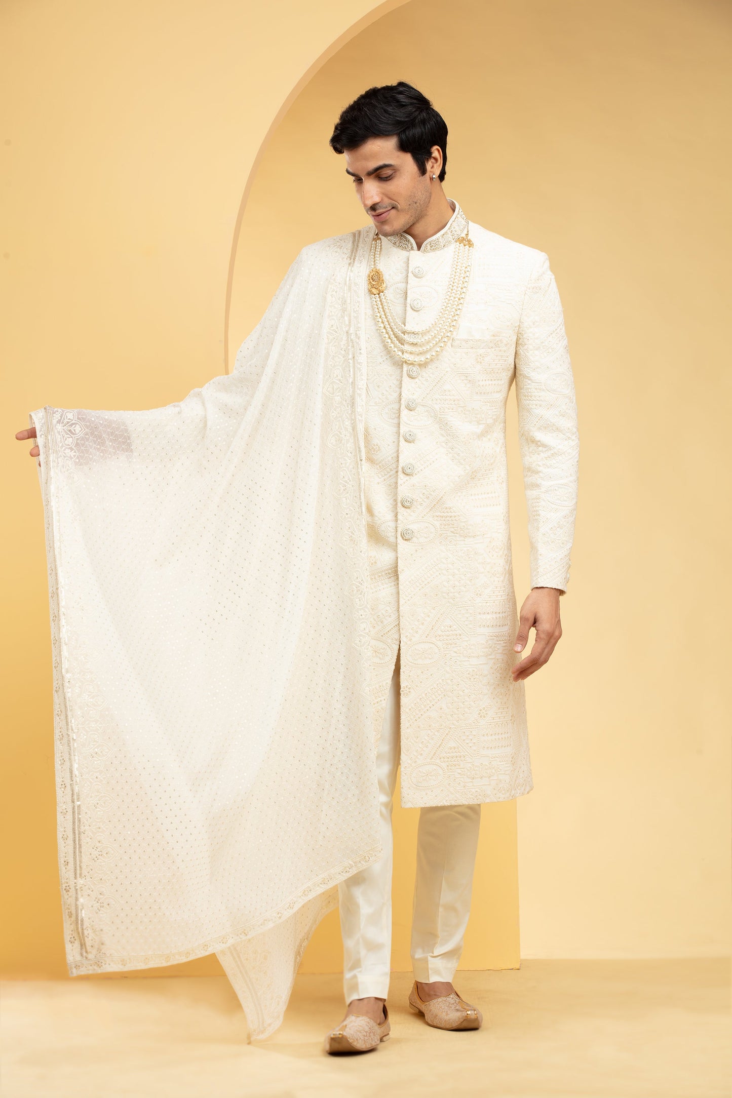 Antique White sherwani set with embellishments