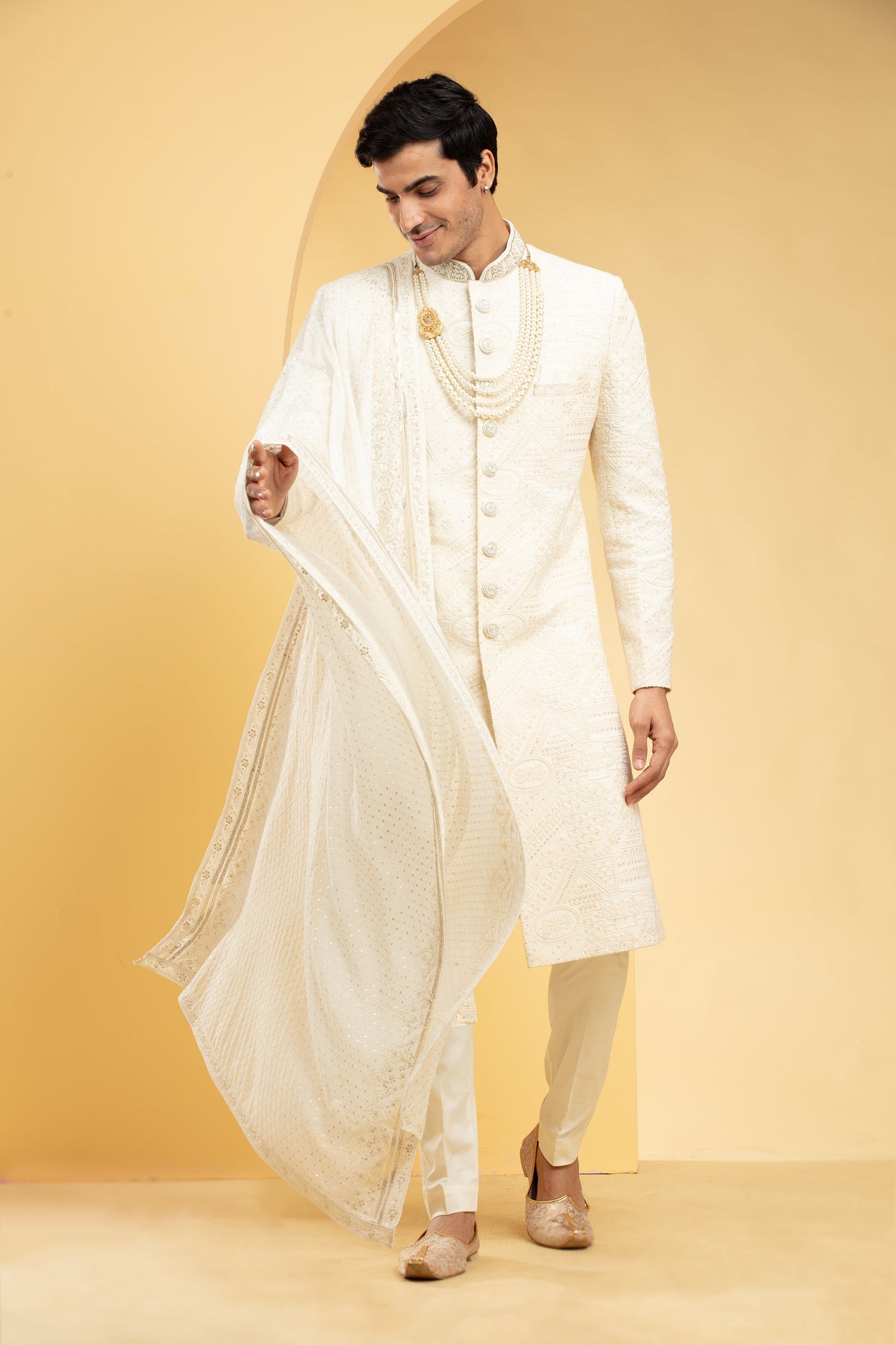 Antique White sherwani set with embellishments