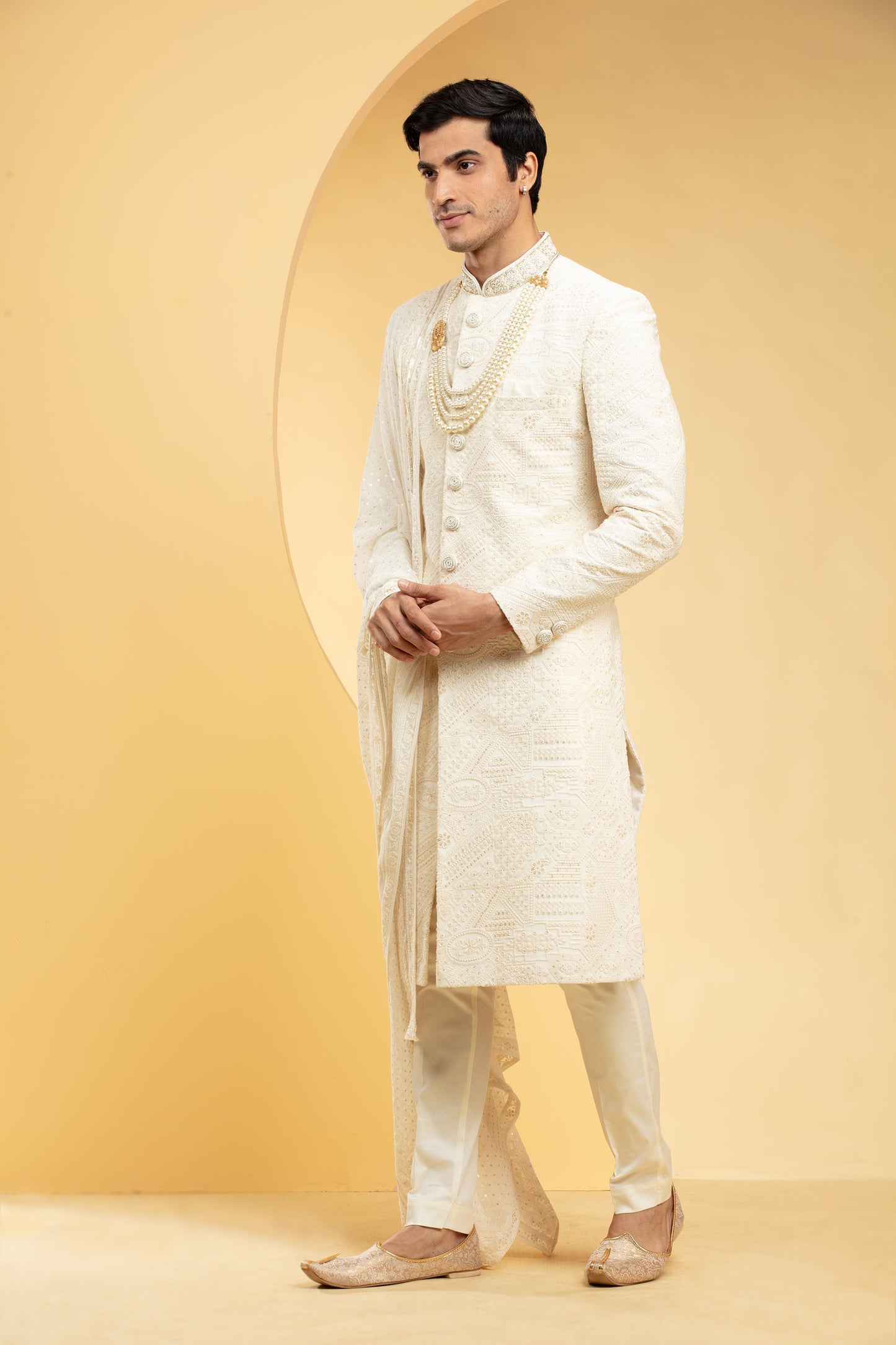 Antique White sherwani set with embellishments