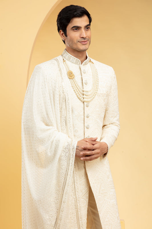 Antique White sherwani set with embellishments