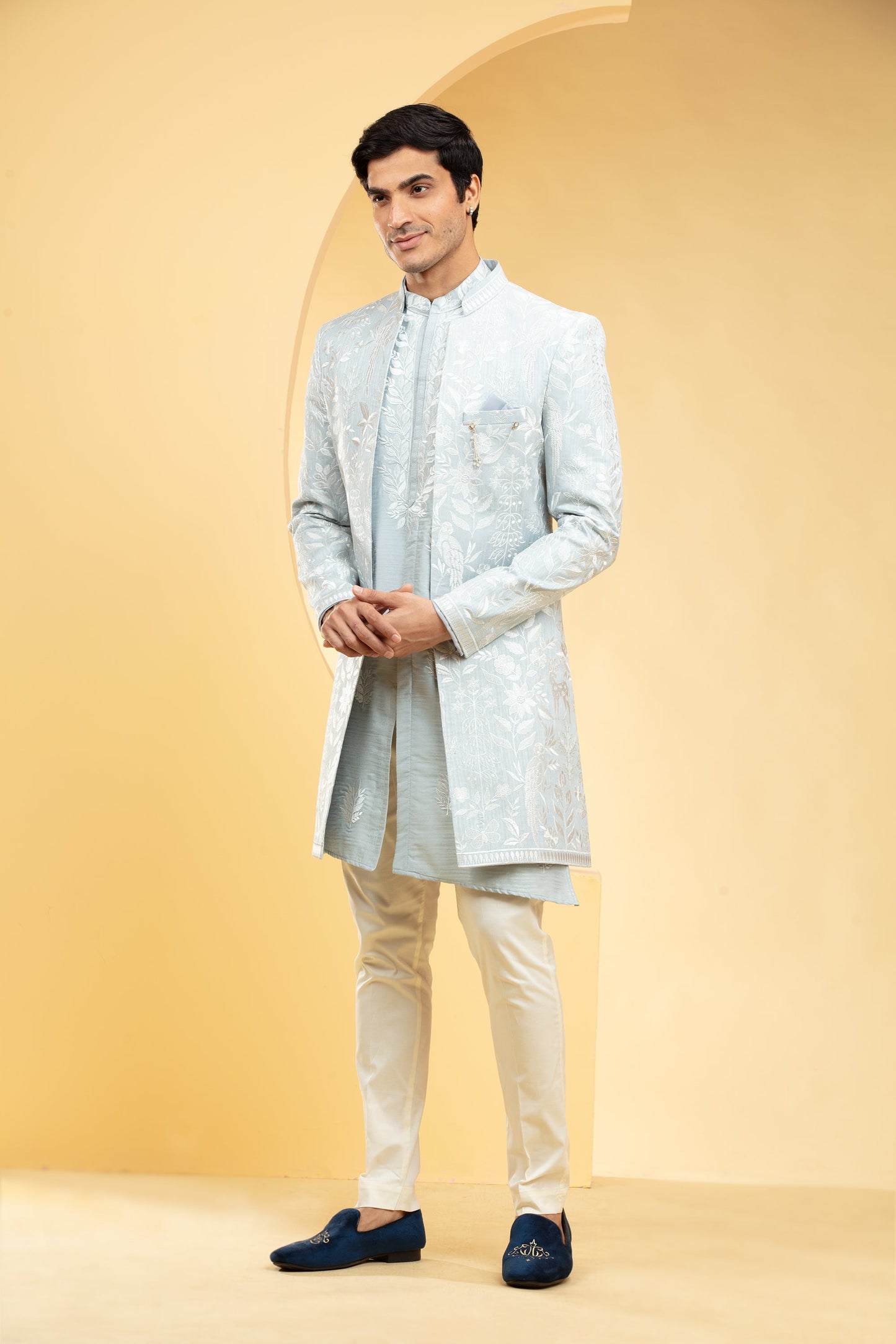 Powder Blue Open Indo Western with all over thread work